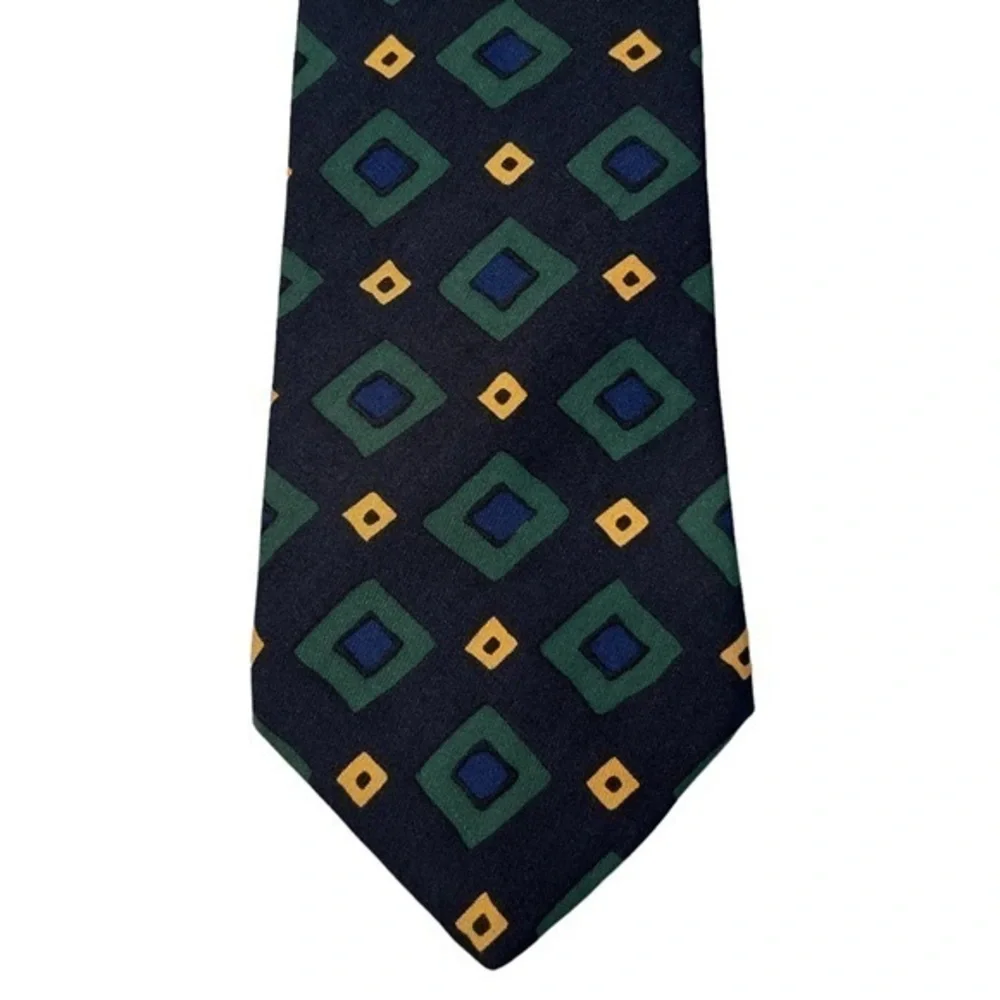 Vintage Brooks Brothers navy blue green & yellow geometric print 4” tie